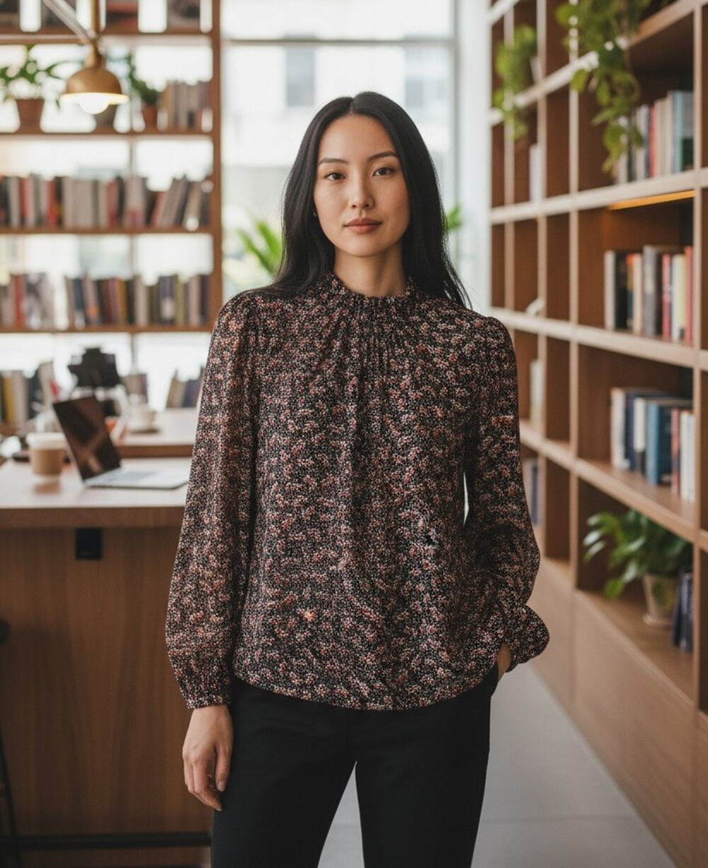 LOFT Texture Blouse Womens Medium Black Floral Mock Neck Long Sleeve Cottagecore